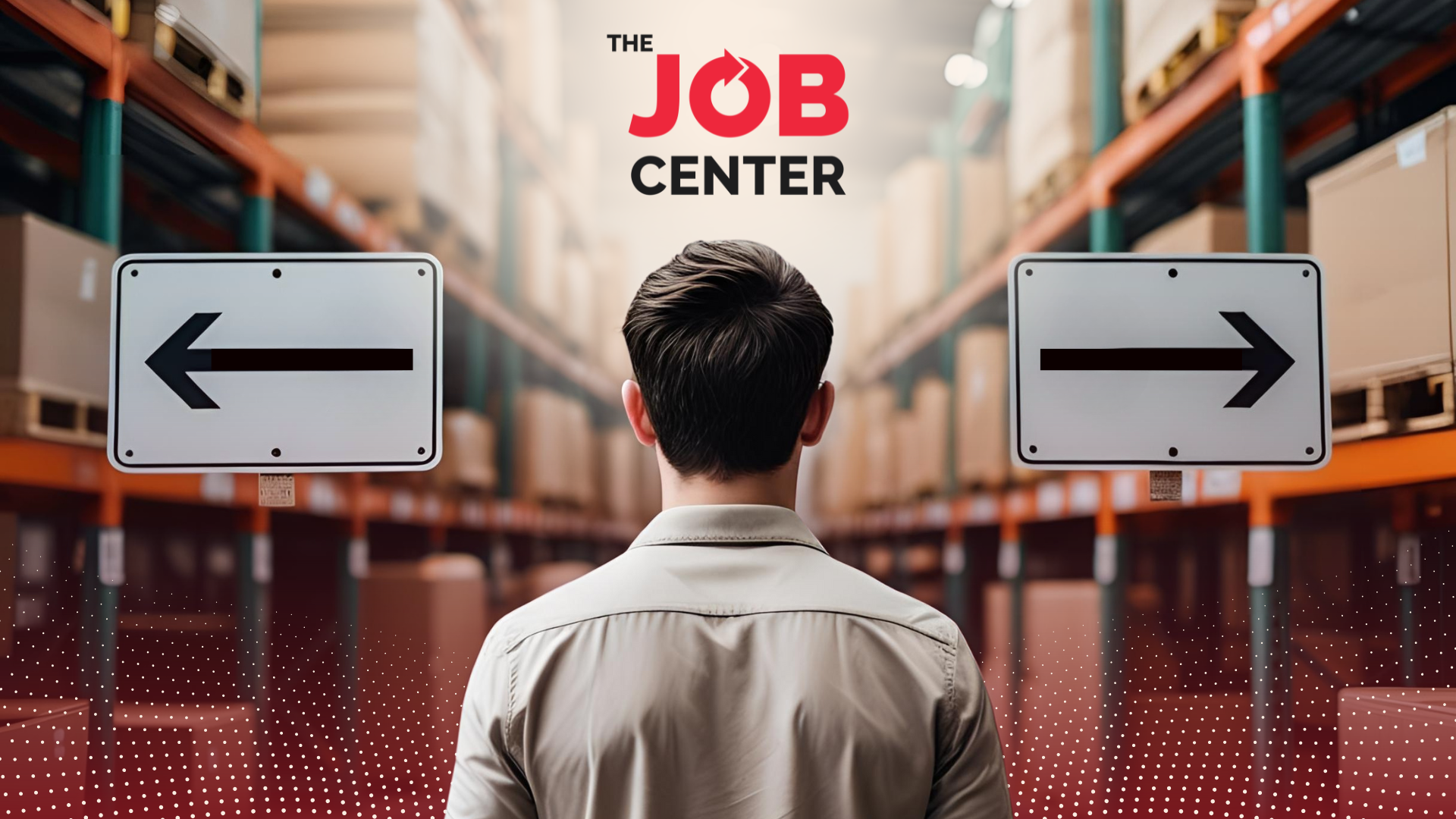Warehouse worker stands at the edge of a warehouse looking at two signs pointing left and right