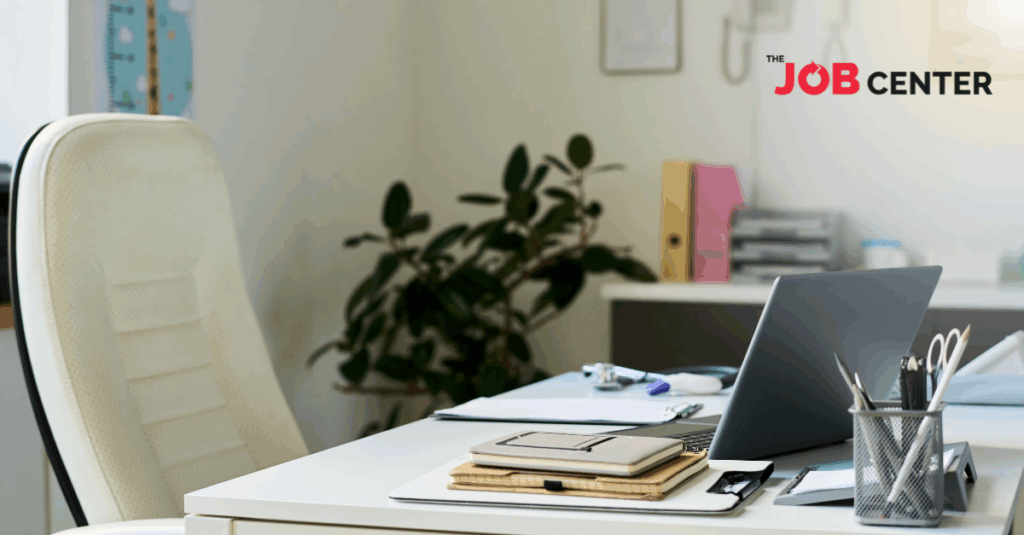 An empty office chair and desk symbolizes temporary workers who leave after the holidays